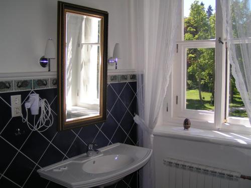 a bathroom with a sink and a window at Birinu Castle in Bīriņi
