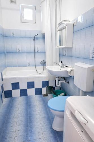 a blue and white bathroom with a toilet and a sink at Orange city apartment's Repić in Biograd na Moru
