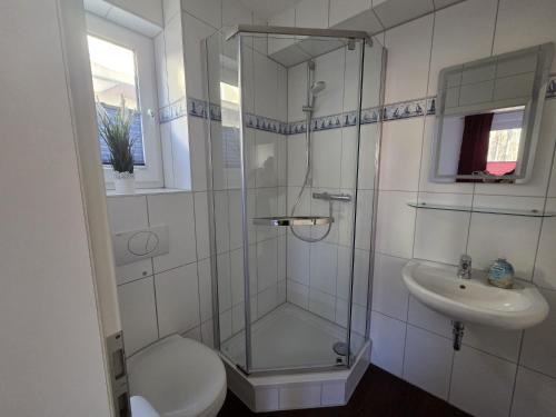 a bathroom with a shower and a toilet and a sink at Seeschwalbe in Graal-Müritz