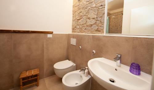 a bathroom with a sink and a toilet and a mirror at Agriturismofaucci in Campo nell'Elba