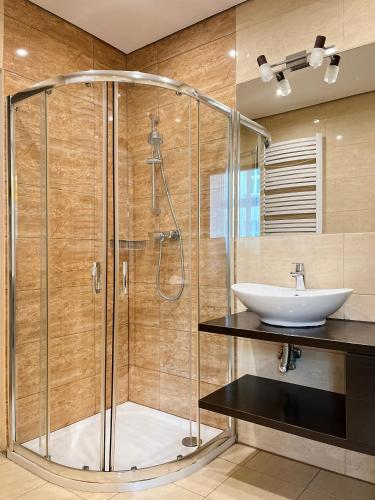 a bathroom with a shower and a sink at Beautiful Studio for 4 guests, Main Square, Cracow in Krakow