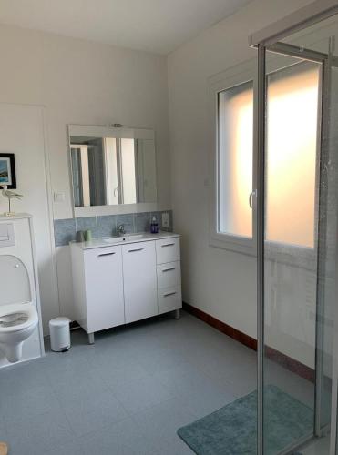 a bathroom with a toilet and a glass shower at L'Arbre de Vie in Montmarault