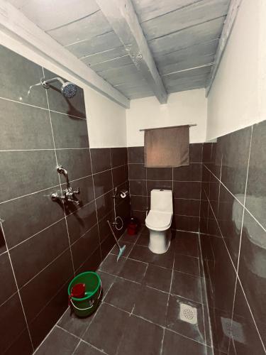 a bathroom with a toilet and a shower at Hotel Dancing Yak in Jomsom