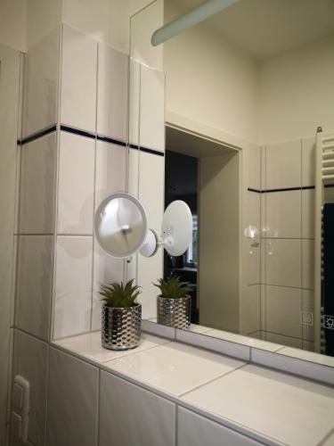a bathroom with a mirror and two potted plants at Superior - Appartement Amélie in Potsdam