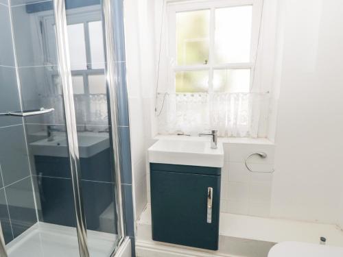 a bathroom with a sink and a shower at Awen Ingli in Newport