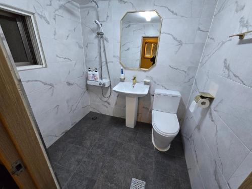 a bathroom with a sink and a toilet and a mirror at a 모텔 in Seoul