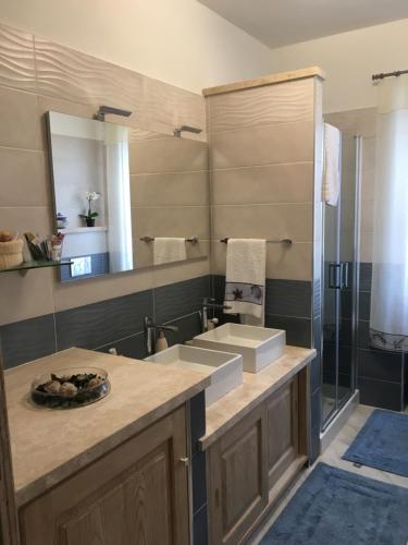 a bathroom with a sink and a shower at Apartment in a villa with a private pool in Cannigione