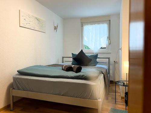 a small bedroom with a bed with a window at Apartments Unterer Kochbuck in Crailsheim