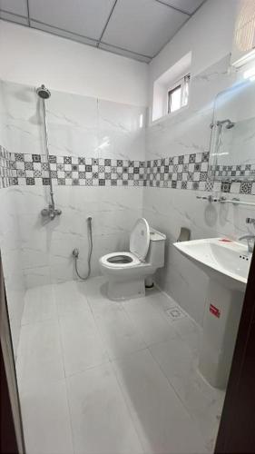 a white bathroom with a toilet and a sink at Hotel Araamish in Peshawar