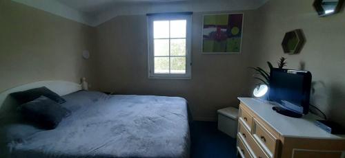 a bedroom with a bed and a television on a dresser at Ma maison près du golf in Talmont
