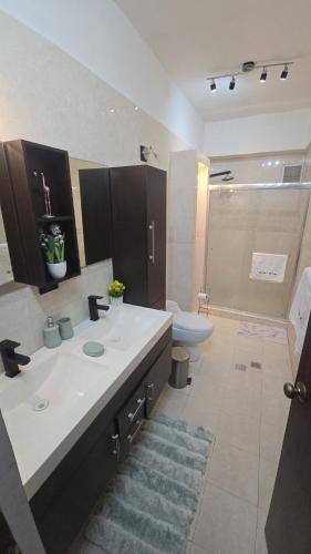 a bathroom with a sink and a toilet and a shower at La PERLA DEL MORRO in Porlamar