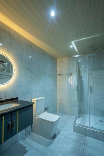 a bathroom with a toilet and a shower and a sink at Lavee Villa Ella in Ella