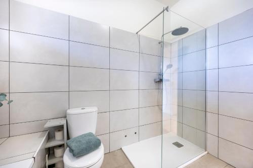a bathroom with a toilet and a shower at Casa do Vale in Paderne