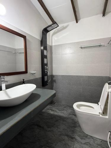 a bathroom with a sink and a toilet and a mirror at Niwasa Habarana in Habarana