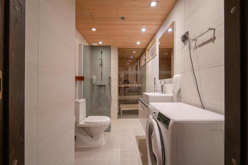 a bathroom with a toilet sink and a washing machine at City Centre Apartment Levi in Sirkka