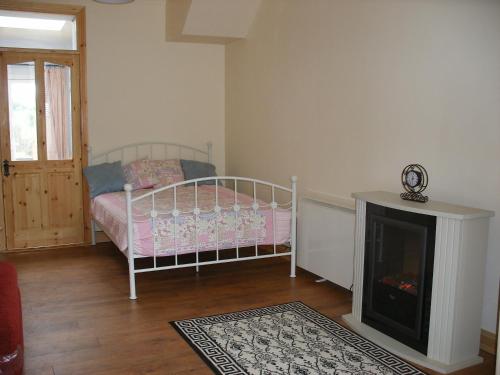 a small bedroom with a bed and a fireplace at Cooraclare apartment in Cuar an Chláir