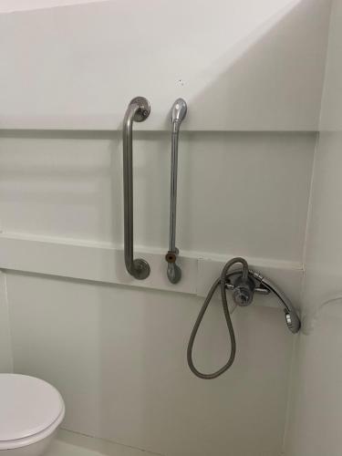 a bathroom with a toilet and towel bars on the wall at Caterine lodge in Whetstone