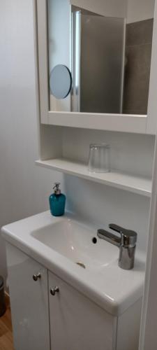 a white bathroom sink with a mirror and a mirror at BALTHAZAR APARTMENT IPHOFEN, klimatisiert, nähe MARKTPLATZ, KNAUF GIPS KG und ConneKT Kitzingen, VDP Weingut Wirsching, TV mirroring 55" Zoll, Wifi, mit kleiner Terrassen in Iphofen
