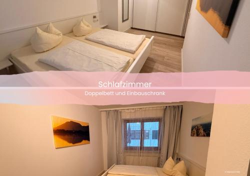 two pictures of a bedroom with a bed and a window at Ferienwohnung Karrasch in Schwangau