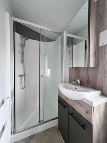 a bathroom with a shower and a white sink at B&B Voor De Zee in Westerland