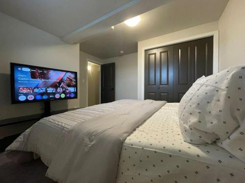 a bedroom with a bed and a flat screen tv at Mary's Luxury Suite in Winnipeg