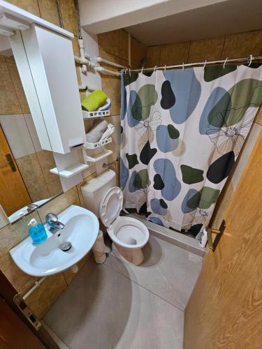 a bathroom with a sink and a toilet and a shower curtain at Lira Apartmani in Prnjavor