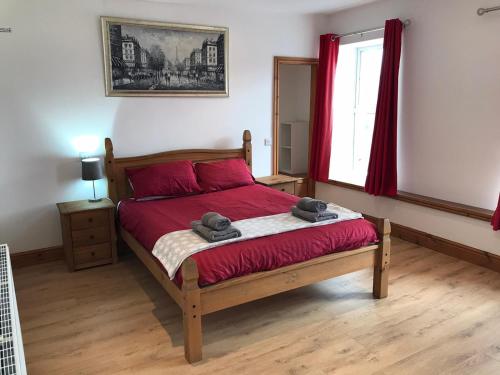 a bedroom with a bed with red sheets and a window at Y Llew Coch Tregaron in Tregaron