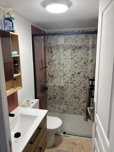a bathroom with a shower with a toilet and a sink at Chez mohamed in Mons-en-Baroeul