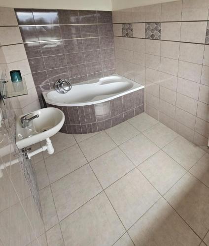 a bathroom with a tub and a sink at Vlčí důl Bludov in Bludov