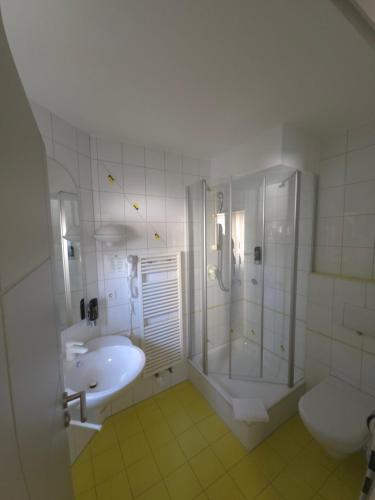 a bathroom with a shower and a sink and a toilet at Hotel zur Flüh in Bad Säckingen