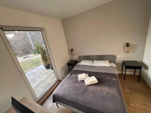 a bedroom with a bed and a large window at River House in Lazeshchyna