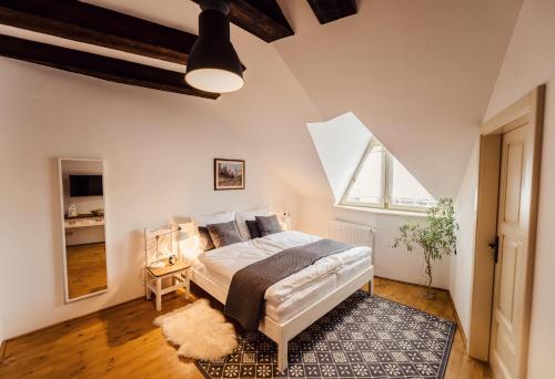 sypialnia z łóżkiem z dywanem i oknem w obiekcie Pension Zwicker w Preszowie