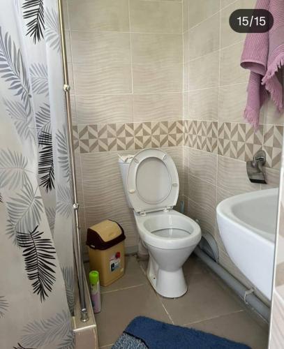 a bathroom with a toilet and a sink and a tub at Коттедж in Cholpon-Ata
