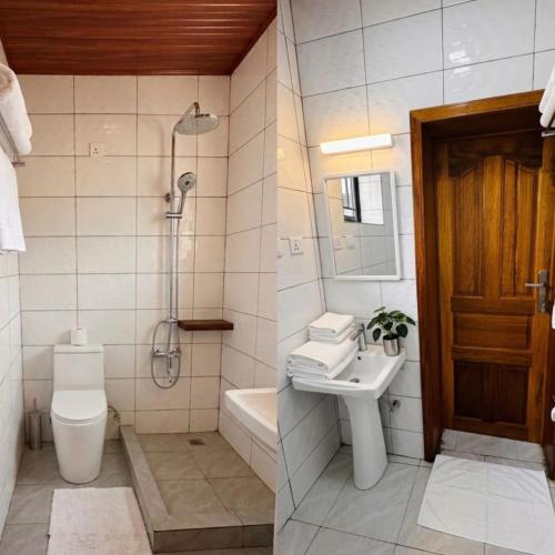 a bathroom with a sink and a shower and a toilet at RICEM Guest House in Cyuve