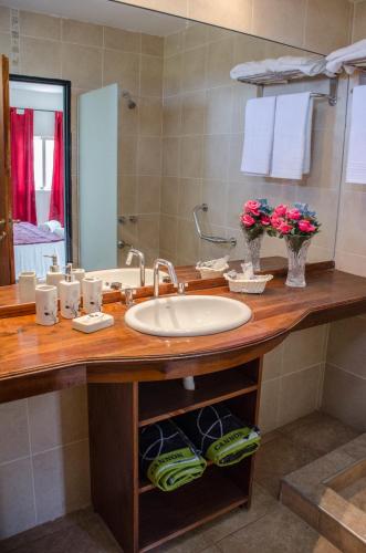 a bathroom counter with a sink and a mirror at Finca Fisterra in Maipú