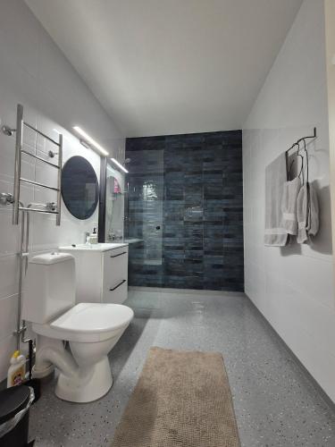 a bathroom with a toilet and a sink and a shower at Azure Nordic Retreat in Rauma