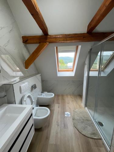 a bathroom with a toilet and a shower at Kuća za odmor Goranski mir in Mrkopalj