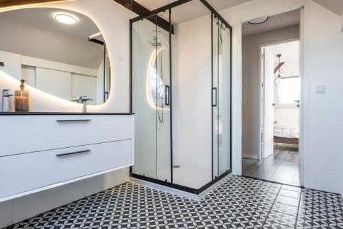 a bathroom with a glass shower and a sink at Huize de Lekpoort - The Cloister Wall - Historic Apartment in Vianen Center in Vianen