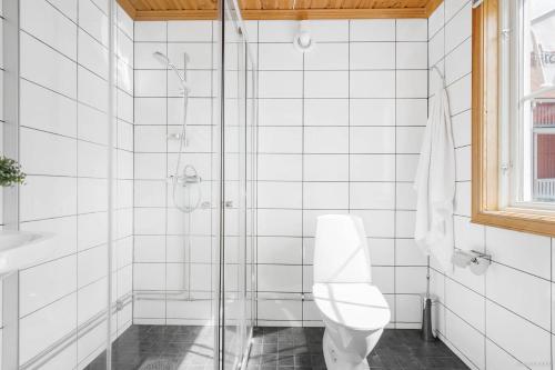 ein weißes Badezimmer mit Dusche und Toilette in der Unterkunft Arctic Ranch in Överkalix