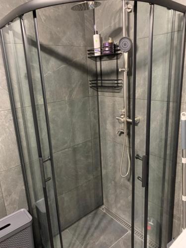 a shower with a glass door in a bathroom at Стильна смарт-квартира in Odesa