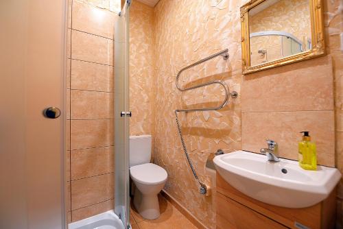 une salle de bain avec un lavabo, des toilettes et une douche dans l'établissement Central Apartments Karolina, à Druskininkai
