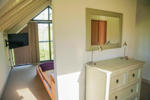 a room with a mirror and a dresser with a tv at Oak Lodge in Knighton