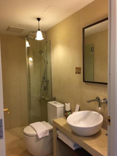 a bathroom with a toilet and a sink and a shower at Spices Hotel in George Town