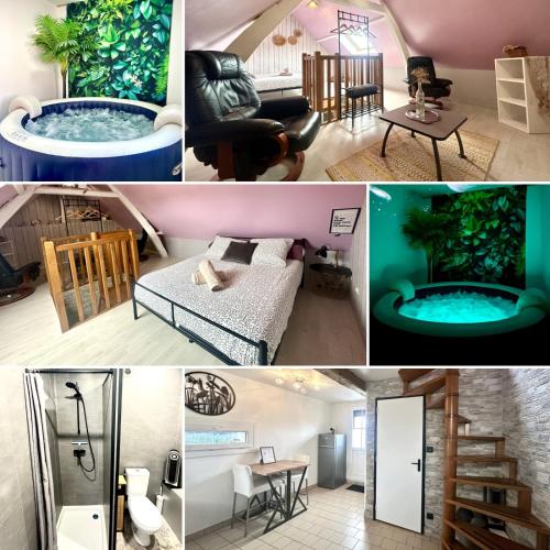 a collage of pictures of a room with a jacuzzi at Escapade détente Duplex cosy avec SPA Parking in Abbeville