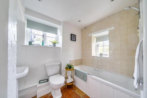 a bathroom with a toilet and a tub and a sink at Amys Cottage in Sherborne