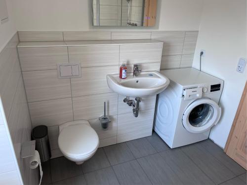 a bathroom with a toilet sink and a washing machine at Ferienwohnung 1A in Fockendorf