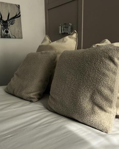 a bed with two pillows on top of it at Frankies Lodge in Disley