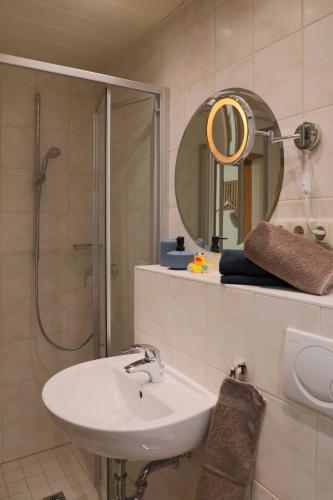 a bathroom with a sink and a shower with a mirror at Häuschen im Grünen in Bansin