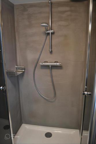 a shower in a bathroom with a glass door at Saskia's logeerhuis in Arnhem