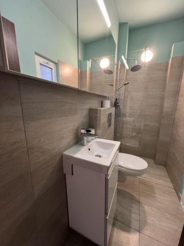 a bathroom with a sink and a toilet and a mirror at Moon Stylish -FREE parking -Romantic City Stay in Timişoara
